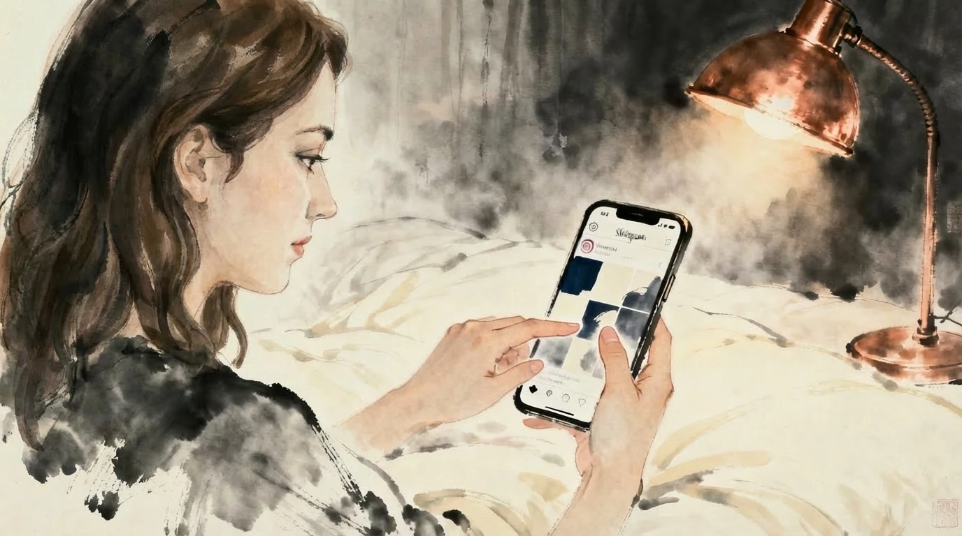 Gece geç saatte yatakta telefon ekranında Instagram profilini inceleyen bir kişi — Instagram satın alma psikolojisi